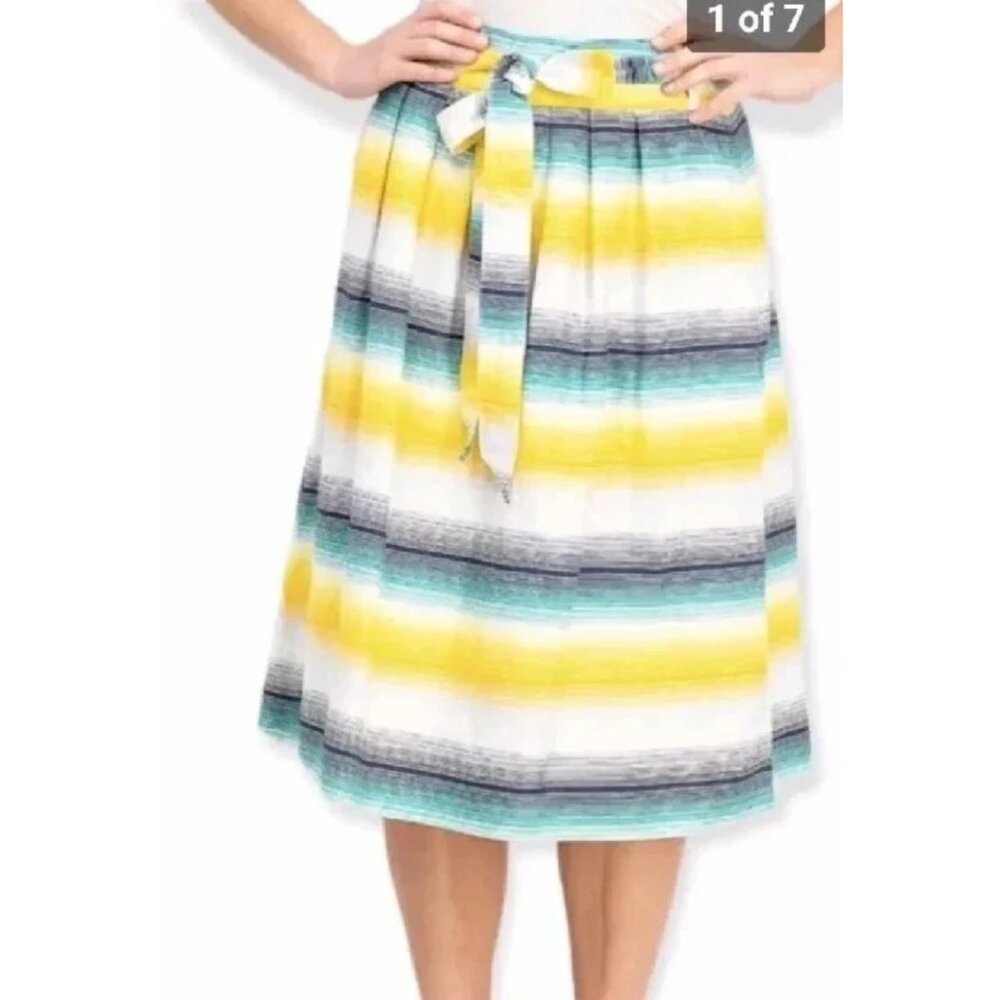 NWT GAP A-Line Skirt Yellow Green Black Striped Belted Pleated Modest Casual 4